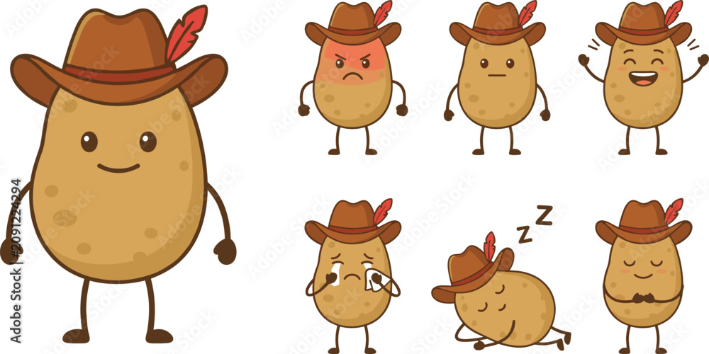 Fototapeta premium Cute cowboy potato mascot character sheet vector illustration set featuring different expressions happy angry sad sleeping and crying