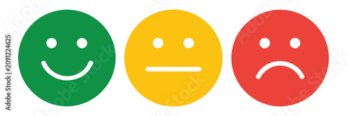 Obraz na plátně Emoji face icon set with happy, neutral, and sad expressions, representing customer feedback, satisfaction ratings, user experience, and review systems
