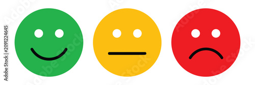 Obraz na plátně Emoji face icon set with happy, neutral, and sad expressions, representing customer feedback, satisfaction ratings, user experience, and review systems
