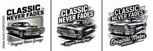Three detailed vintage muscle car illustrations with classic typography emblem designs