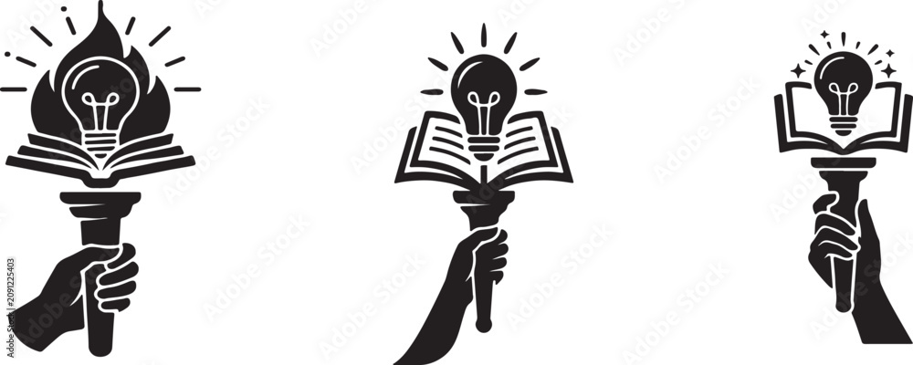 Fototapeta premium Set of Minimalist Vector Silhouettes of Hand Holding Torch with Book and Lightbulb, Symbol of Knowledge and Education