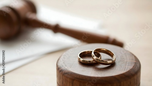 Two wedding rings on wooden stand with judge gavel in background. concept of divorce settlement.