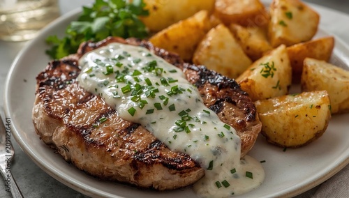 Grilled Steak With Sauce and Roasted Potatoes Served on a Plate