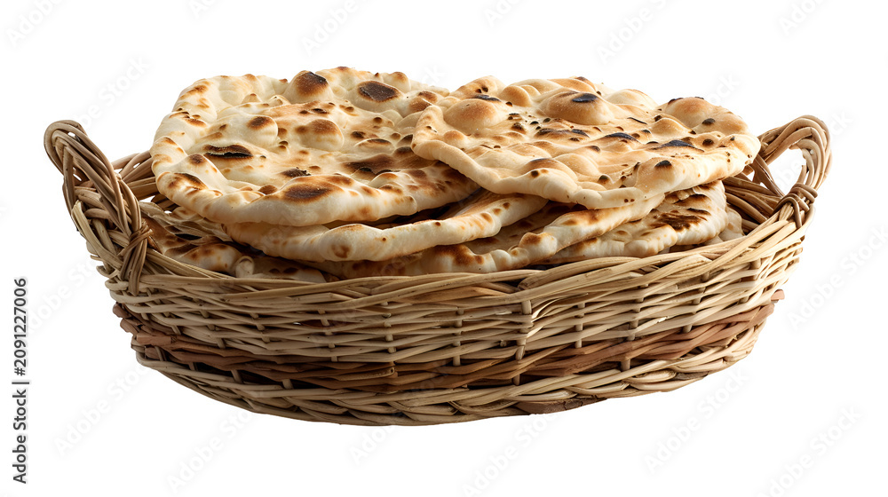 Obraz premium Pile of charred flat breads presented in woven basket on neutral backdrop