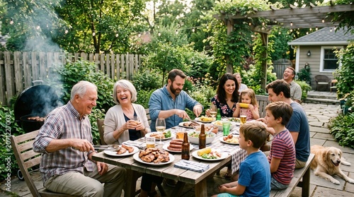 Multi generational family enjoying a summer barbecue dinner party in a lush backyard garden setting