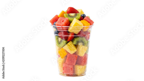 Konstfotografi Fruit salad in a plastic cup on transparent background