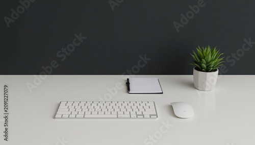 Simple Workspace With Keyboard, Mouse, Notepad, and Plant on a Clean Desk at ...