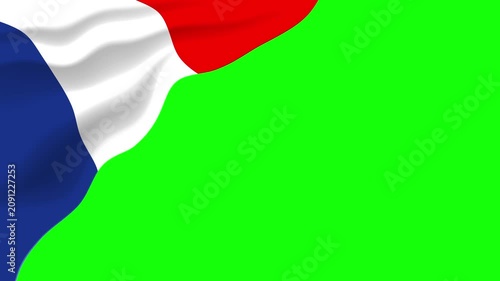 Waving French flag in the corner with green screen chroma key background. Perfect for custom videos, news, sports, tourism, and presentations.