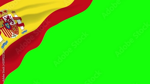 Waving Spanish flag in the corner with green screen chroma key background. Perfect for custom videos, news, sports, tourism, and presentations.