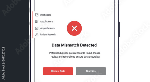 Bild auf Leinwand Mobile application interface showing a data mismatch error notification for patient records