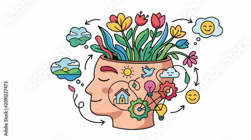 A whimsical illustration of a human head with a garden growing out of it
