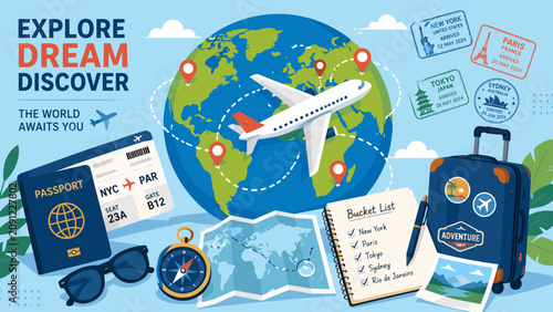 Fotografie Travel dreams ignite with globe, plane, and passport