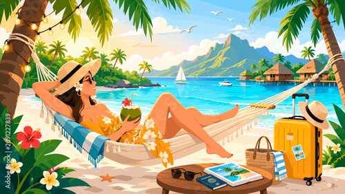 Bild auf Leinwand Woman relaxes in hammock on sunny beach