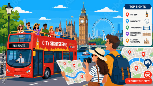Fotografía Bright red bus tours London's famous sights