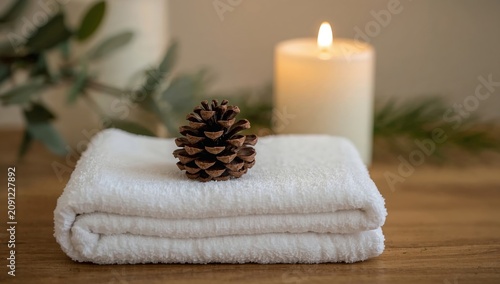 Relaxation Setup With Towels, Candle, Pine Cone, and Greenery on Table