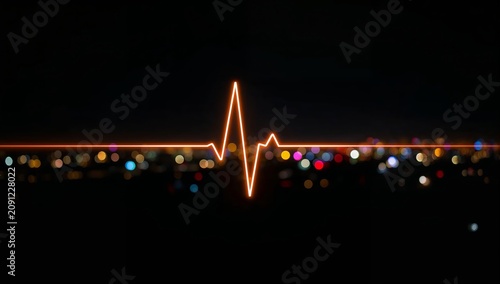 Neon Heartbeat Line With Blurred City Lights in Background at Night
