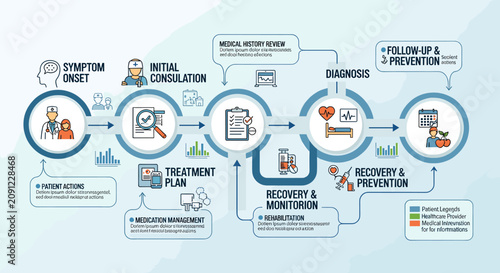 Tableau sur toile Medical patient journey infographic showing steps from symptom onset to diagnosis treatment and recovery