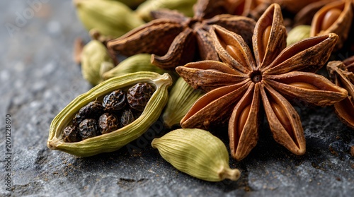 Aromatic green cardamom pods and star anise spices on a dark textured background.