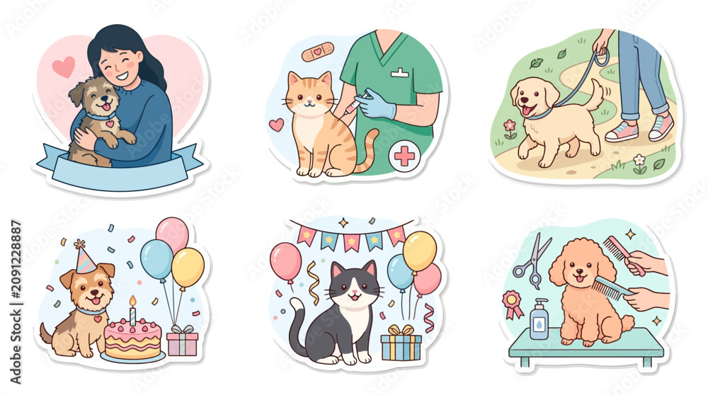 Fototapeta premium Pet care stickers depict joyful moments such as birthday celebrations, grooming sessions, and veterinary visits with happy domestic animals.