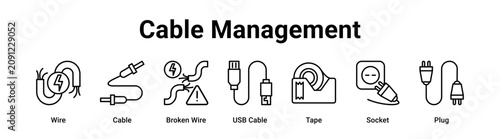Cable Management web banner icon vector illustration concept for technology with icon of Wire, Cable, Broken Wire, USB Cable, Tape.