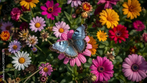 Butterfly Sits on Pink Flower Among Colorful Blooms in Garden