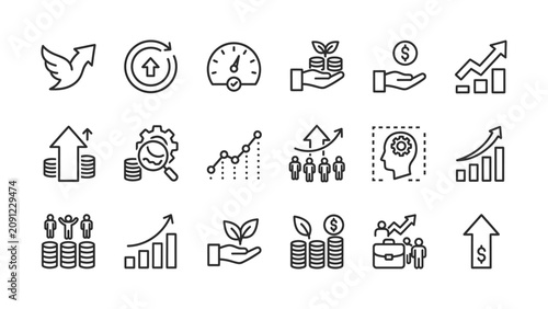 Collection of business growth and financial success icons on transparent background