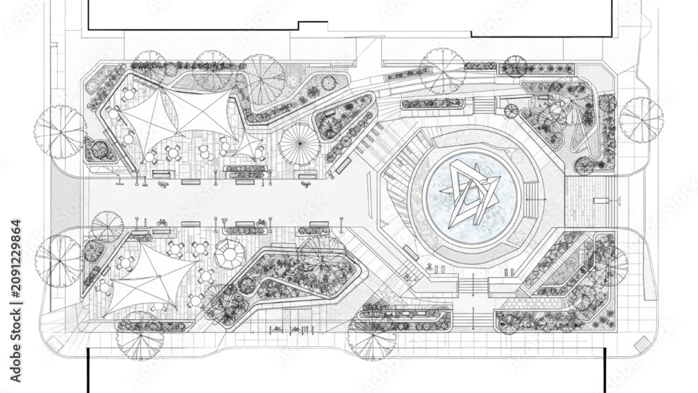 Obraz premium Contemporary Urban Plaza Landscape Master Plan Top View CAD Site Design Vector Illustration