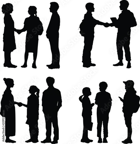 Black vector illustration set featuring silhouettes of diverse school children interacting and shaking hands in various casual group social settings