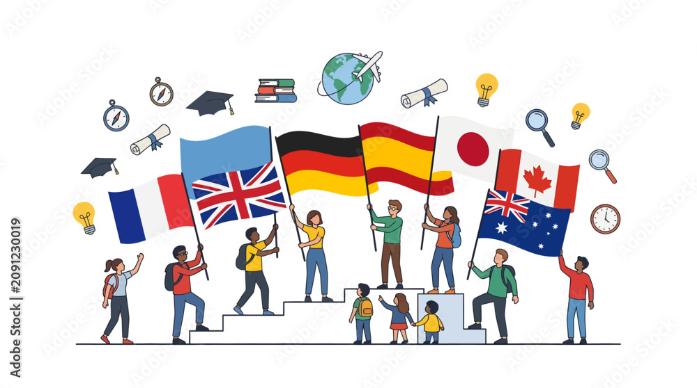 Fototapeta premium Diverse multicultural cheerful students holding national flags and travel icons in a vibrant global setting, concept for international education and cultural exchange, ideal for study abroad