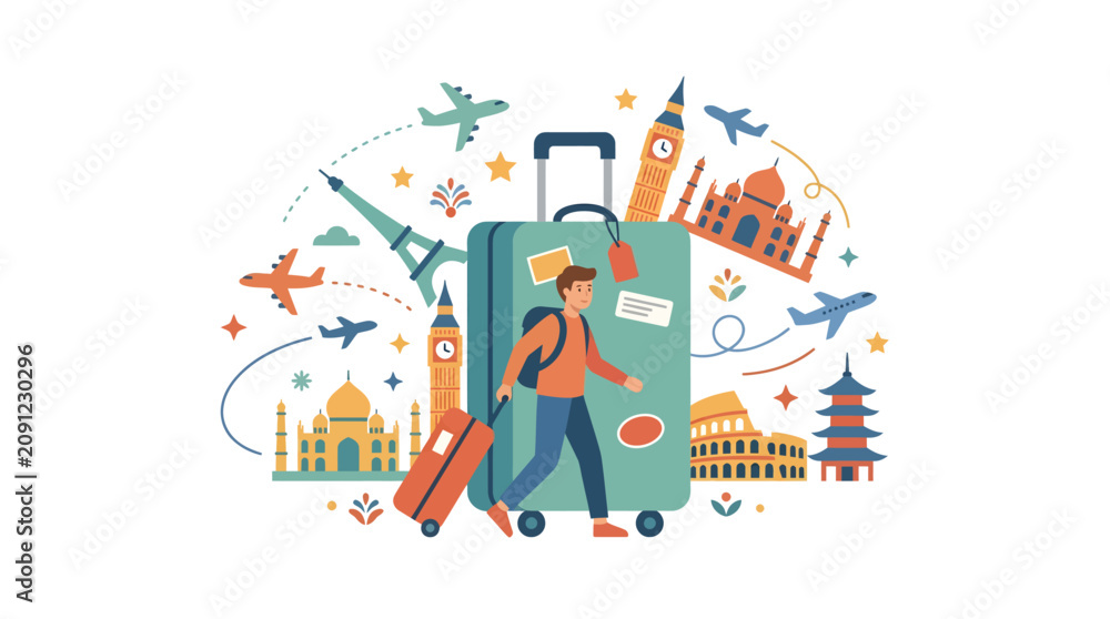 Naklejka premium Colorful cheerful vibrant student with travel luggage and global landmarks background concept for study abroad programs, international education promotion, university exchange campaigns, and cultural