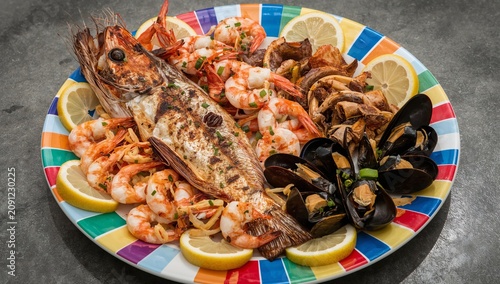 Seafood Platter With Variety of Fish, Shrimp, Shellfish, and Lemon on Colorfu...