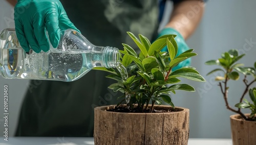 Person Waters a Small Plant in a Pot During a Bright Day in a Garden or Works...