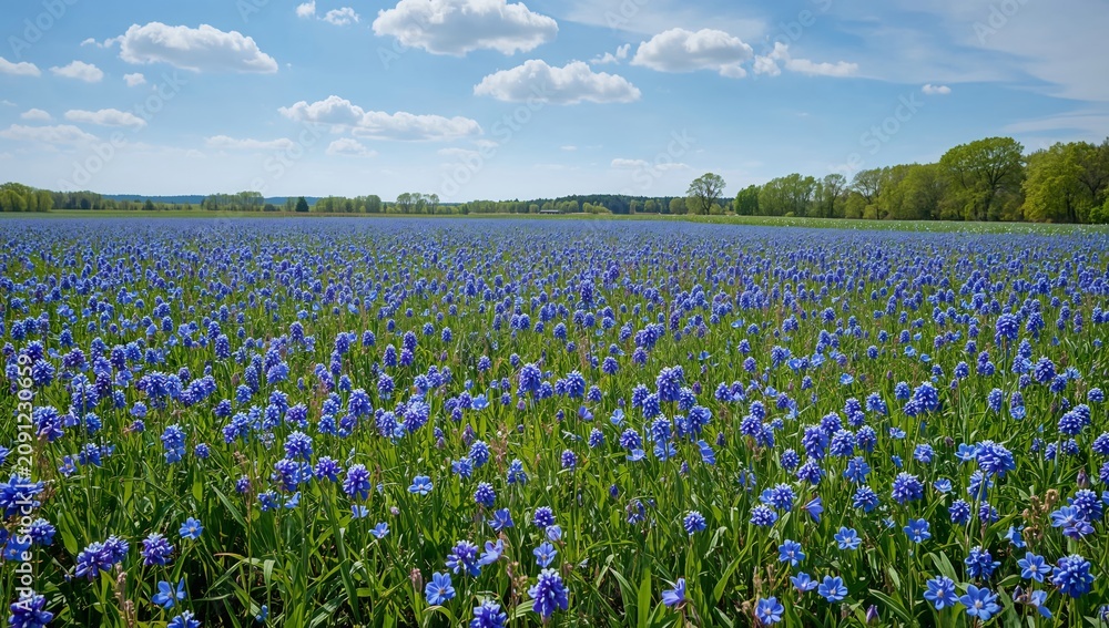 Fototapeta premium Blue Flowers Cover a Field Under a Bright Sky and Fluffy Clouds in Springtime