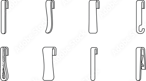 Metal belt clip and pocket hanger icon set for tools equipment and utility accessories