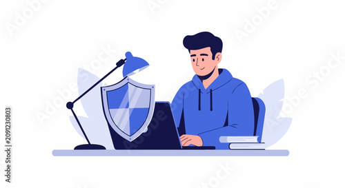 Cyber Security Concept: Young Professional Working on Laptop with Digital Protection Shield for Data Privacy and Online Safety Illustration