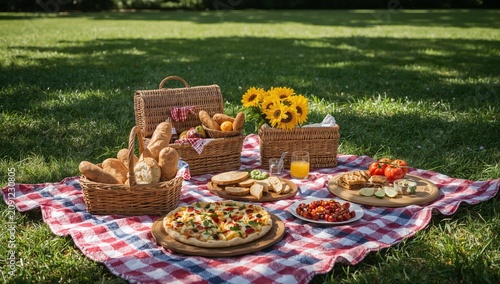 Picnic Setup With Food and Drinks on a Blanket in a Park on a Sunny Day
