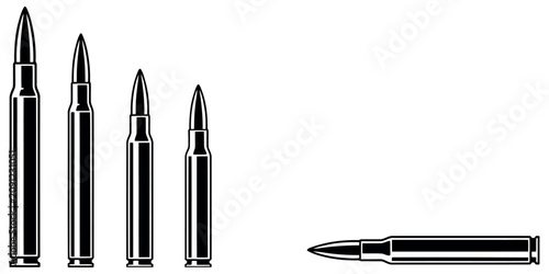 Obraz na plátně Set of various rifle cartridges and bullets in a flat black and white vector illustration style
