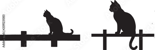 Spooky black cat silhouette sitting on wooden fence vector illustration isolated on white background, mysterious cats graphic design elements for Halloween decorations and banners