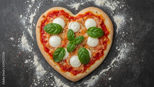 Heart Shaped Pizza With Mozzarella and Basil on a Black Table