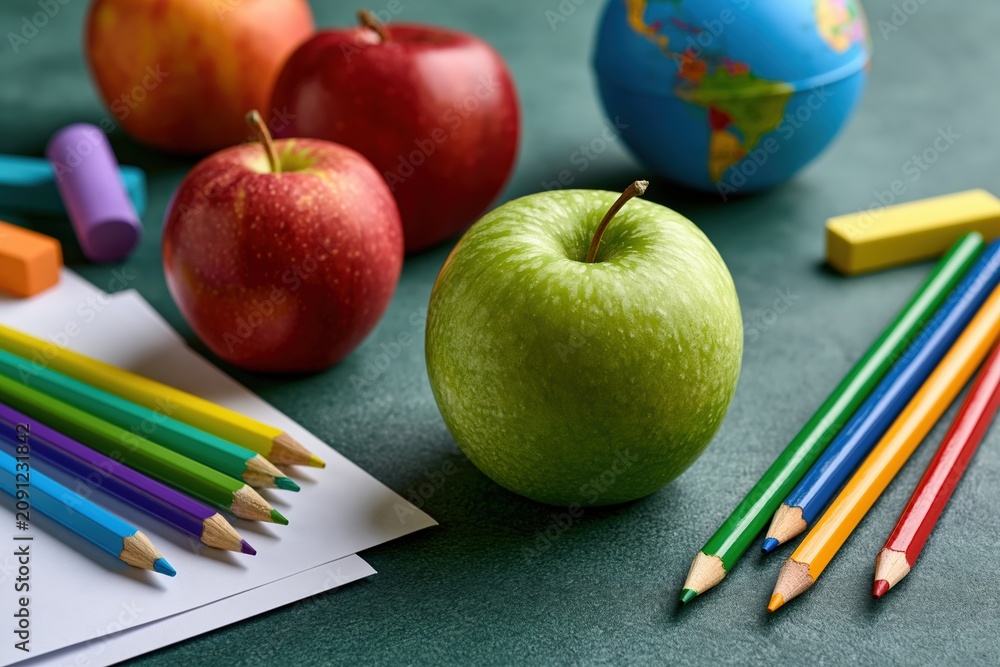 Naklejka premium Classroom still life with apples, colored pencils, chalk, blank paper, and globe on green board