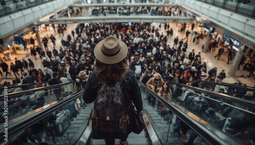 Crowd of People Moving Through a Busy Airport With One Person on an Escalator