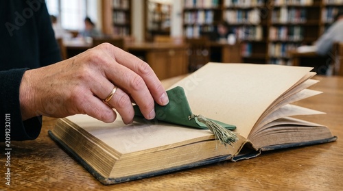 Close up of a hand placing a green bookmark with tassel into an old open book in a library setting