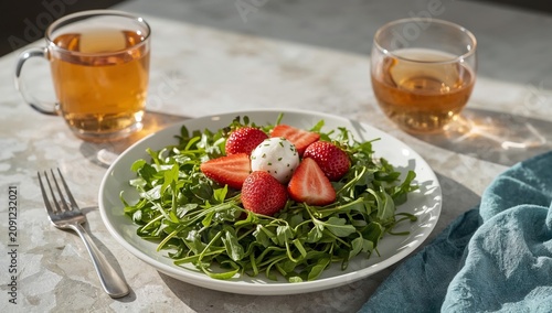 Fresh Salad With Strawberries and Tea on a Table During Bright Afternoon
