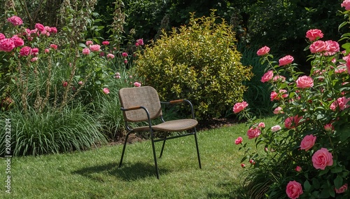 Garden Chair Placed Among Blooming Roses in Sunny Weather