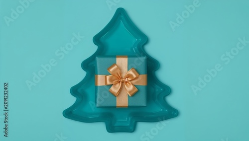 Gift Placed on Teal Tree-Shaped Plate for Holiday Celebration