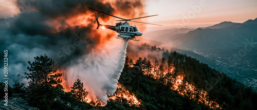 山火事に放水する消防ヘリ、森林火災の空中消火イメージ