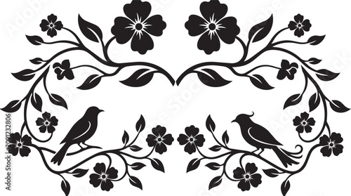 Canvas Print Symmetrical floral branches with birds during springtime in a vector silhouette