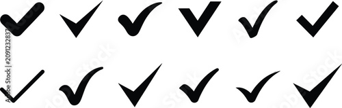 Obraz na płótnie Black check mark icon set, 12 vector tick symbols for approval and validation, m