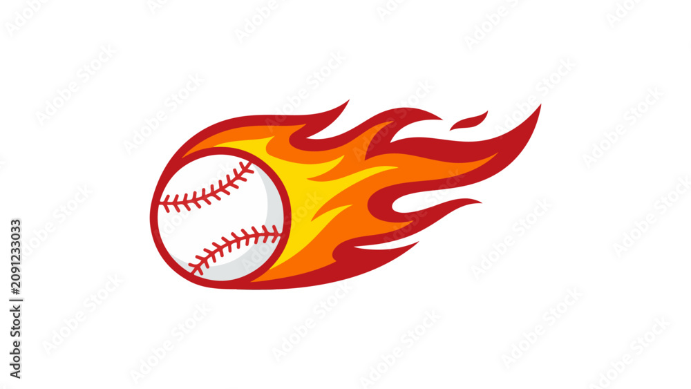 Obraz premium Baseball ball with bright orange and red flames moving fast as a speed symbol for sports design and team logos