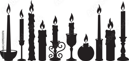 Foto Various candle silhouettes with flames burning against a white background for at